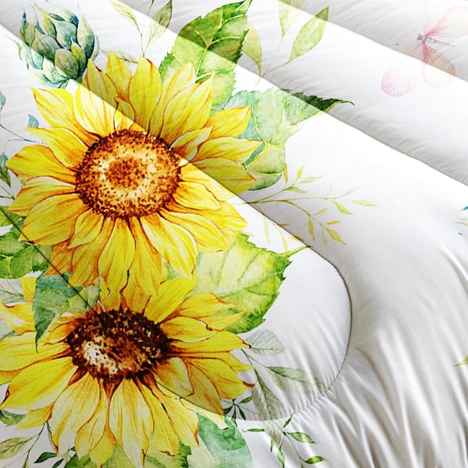 Sunflower Comforter Sets,Floral Botanical 3-Pieces Microfiber Bedding Quilt for Girls Teens,Decorative Bedding Comforter Sets with 2 Pillow Shams, Queen Size