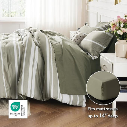 Bedsure Twin Comforter Set 5 Pieces, Olive Green Striped Bedding Set for All Seasons, Reversible, Cationic Dyeing Bed in a Bag with Comforter, Sheets, Pillowcase & Sham