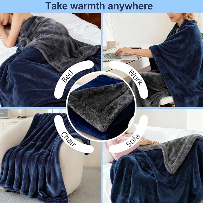 Electric Heated Blanket Throw 50''x60'' – Soft Dual-Sided Flannel, 12 Heat Settings, Smart Timer, ETL & FCC Certified, Machine Washable (Blue & Gray, Single(50"x60"))