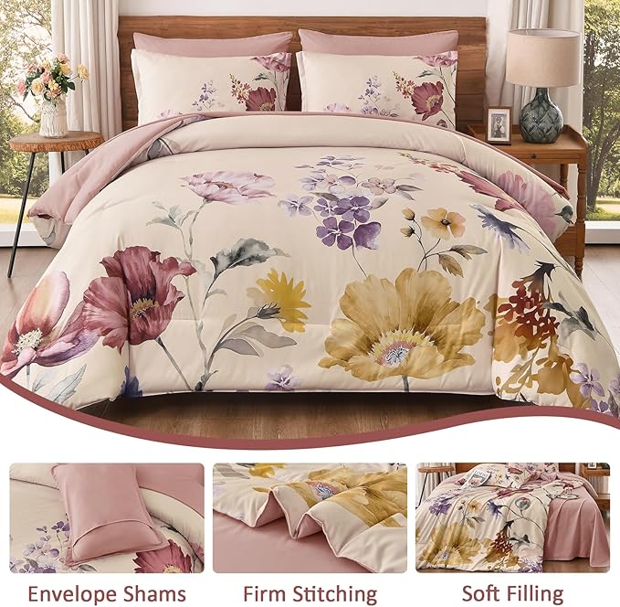 DJY 7 Pieces King Floral Comforter Set, Cream & Blush Botanical Bed in a Bag, Soft Microfiber Comforter and Sheet Set with Flower Leaves Pattern, Floral Bedding Set for All Season(104''x90'')
