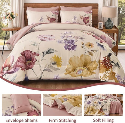 DJY 7 Pieces King Floral Comforter Set, Cream & Blush Botanical Bed in a Bag, Soft Microfiber Comforter and Sheet Set with Flower Leaves Pattern, Floral Bedding Set for All Season(104''x90'')