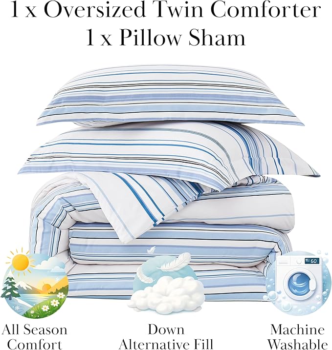 Southshore Fine Living, Inc. Twin XL Comforter Set, Down Alternative Blue and White Comforter with Matching Pillow Sham, Soft Coastal Bedspread for Twin/XL Mattress, Coastal Stripes Blue