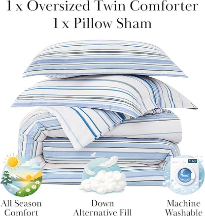 Southshore Fine Living, Inc. Twin XL Comforter Set, Down Alternative Blue and White Comforter with Matching Pillow Sham, Soft Coastal Bedspread for Twin/XL Mattress, Coastal Stripes Blue