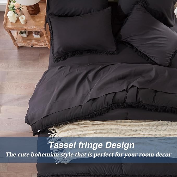 Anluoer Queen Comforter Set 7 Piece with Sheets-Black Boho Bed in a Bag with Tassel Lightweight Soft Bedding Sets with 1 Comforter, 2 PillowShams, 2 Pillowcases, 1 Flat Sheet, 1 Fitted Sheet
