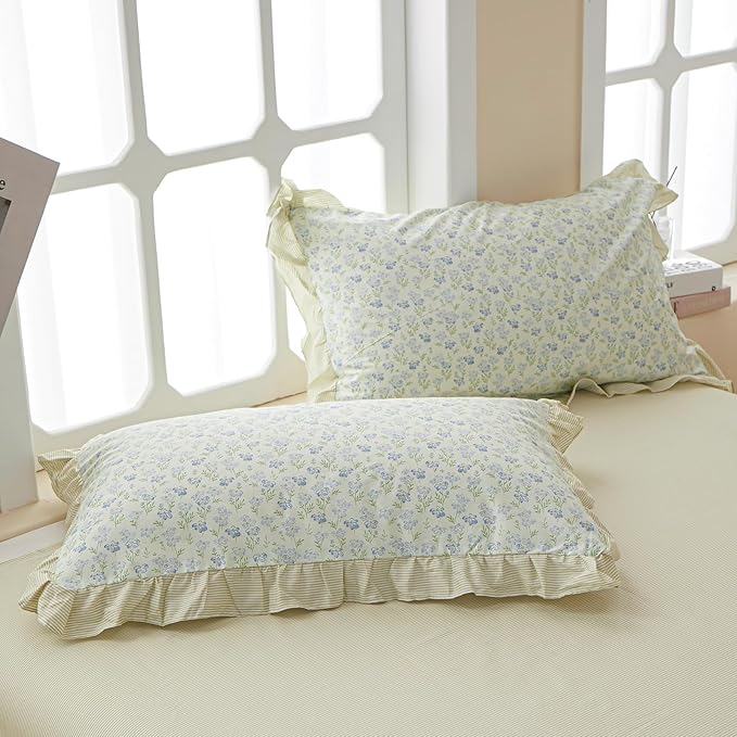 HighBuy Blue Floral Comforter Set Twin XL with Lace Edge Reversible Stripes Ruffled Comforter with 2 Lace Pillowcases Fluffy Coquette Cottagecore Botanical Bedding Comforter for Teen Girls