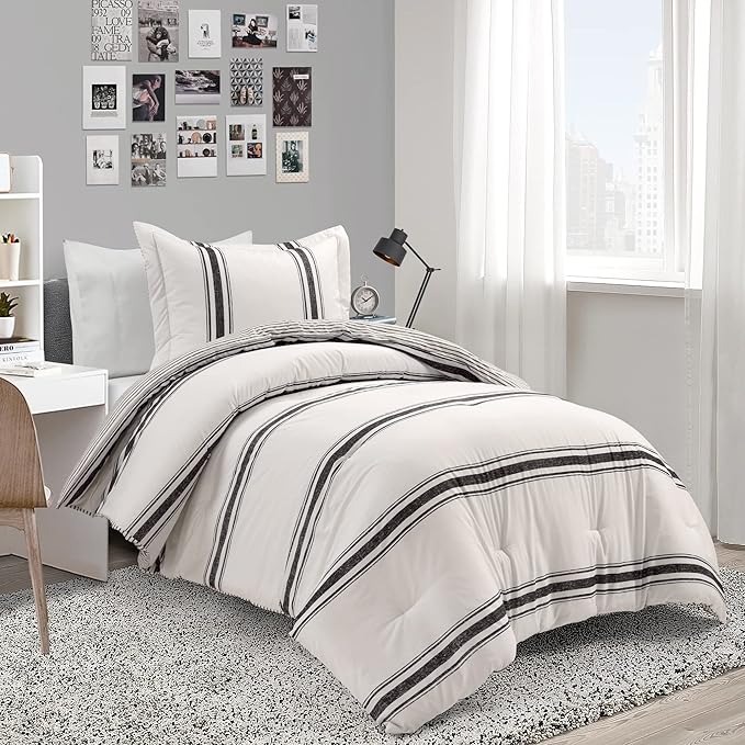 Lush Decor Farmhouse Stripe Reversible Cotton Comforter Set, 2-Piece, Twin XL Black - Twin Bedding Set - Dorm Decor - Striped Comforter for Farmhouse Bedroom Decor