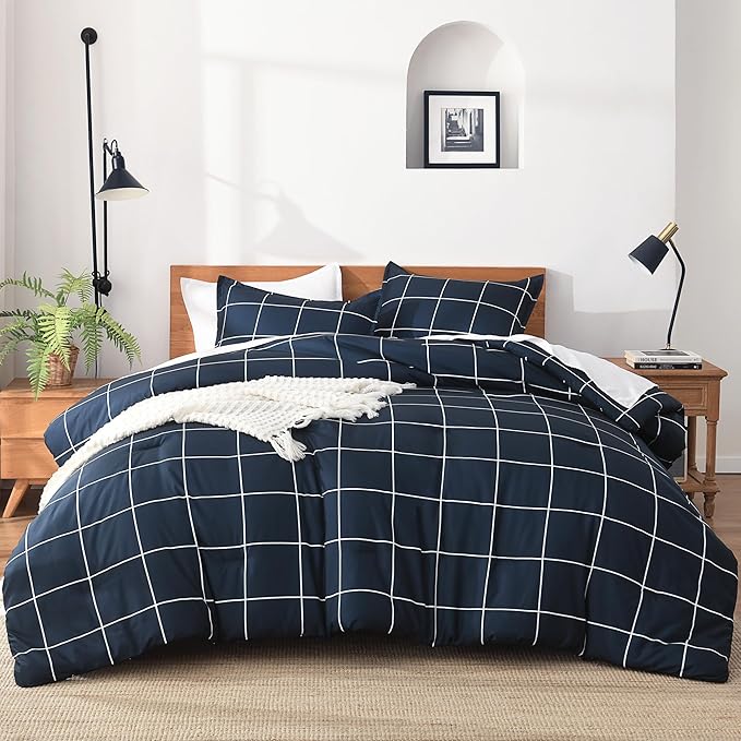 Andency Navy Plaid Comforter Twin(66x90Inch), Dark Blue Grid Gingham Buffalo Plaid Bed Set for Boys Kids Teens, 2 Pieces Lightweight Microfiber Geometric Preppy Bedding