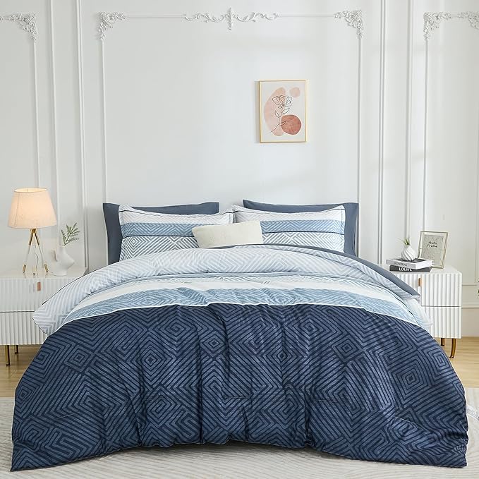 Drucon Blue Comforter Set Full Size 7 Piece Bed in a Bag, Boho Striped Bedding Set, Soft Microfiber Comforter and Sheet Set for All Season