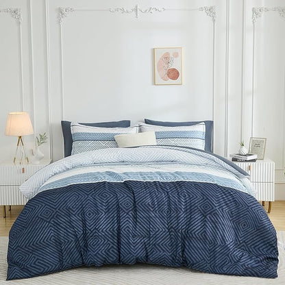 Drucon Blue Comforter Set Full Size 7 Piece Bed in a Bag, Boho Striped Bedding Set, Soft Microfiber Comforter and Sheet Set for All Season
