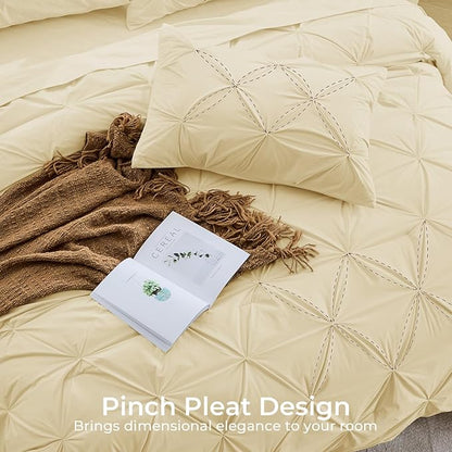 Sasttie King Size Comforter Set, 7-Piece Bed in a Bag, Pintuck Bedding Set for All Season, Includes Comforter, Flat Sheet, Fitted Sheet, Pillowcases and Pillowshams, Pale Yellow