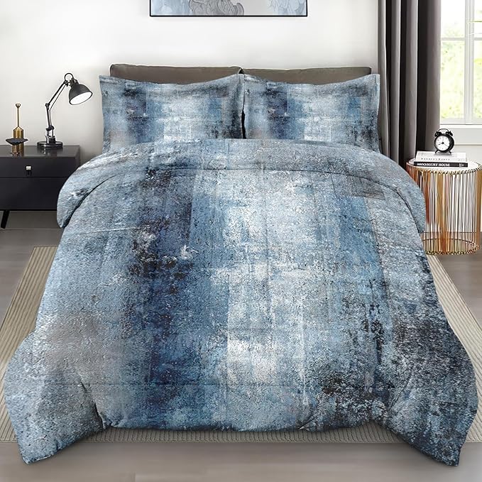 Comforter Set Full Size, Navy Indigo Blue 3 Pcs Soft Bedding Set for Kids and Adults, Contemporary Abstract Gray Comforter Set with 2 Pillowcases, for Bedroom Bed Decor