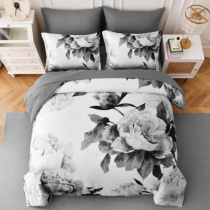 Dobuyly California King Comforter Set 7 Piece Bed in a Bag, Grey Floral Printed on White Comforter Set with Sheets, Soft Microfiber Botanical Cal King Bedding Set for All Season