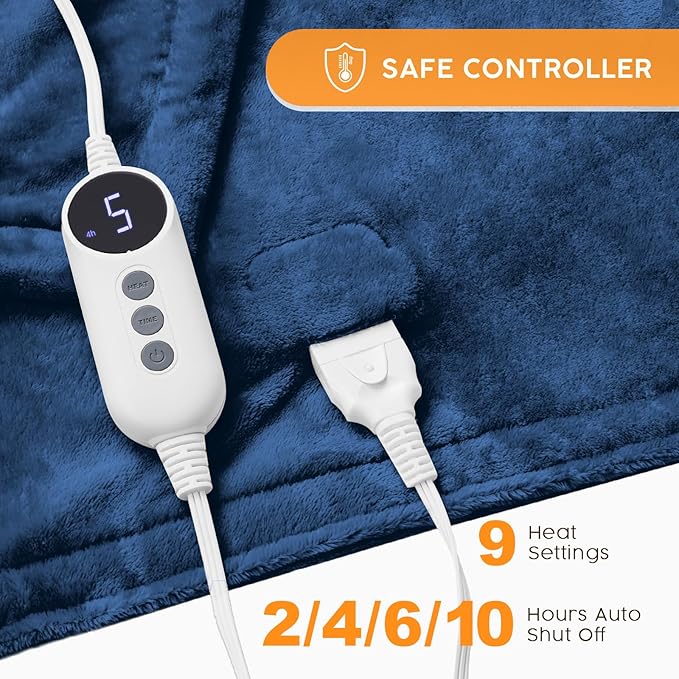 HYLEORY Heated Electric Blanket Throw, 2-Layer Cozy Warm Flannel 50" x 60", Heating Blanket with 9 Heating Levels, 2/4/6/10 Hours Auto Off, Fast Heating Winter Blanket, Navy Blue