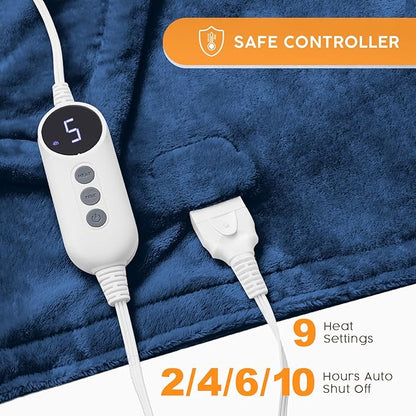 HYLEORY Heated Electric Blanket Throw, 2-Layer Cozy Warm Flannel 50" x 60", Heating Blanket with 9 Heating Levels, 2/4/6/10 Hours Auto Off, Fast Heating Winter Blanket, Navy Blue