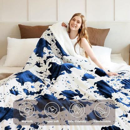 Cow Print Electric Heated Blanket Queen-Dual Control Heating Blanket Queen Size with 10 Heat Levels & 10 Hours Auto-Off, Cozy Soft Fleece Sherpa, Washable, 84x90 Inche Cow Print Blue