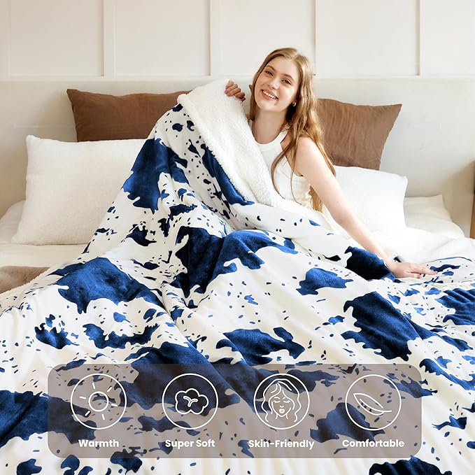 Cow Print Heated Electric Blanket King Size-Dual Control Heating Blanket King Size with 10 Heat Levels & 10 Hours Auto-Off, Cozy Soft Fleece Sherpa, Washable, 90x100 Inche Cow Print Blue