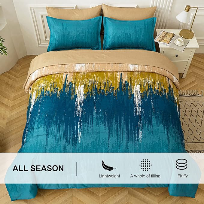 WONGS BEDDING Teal Comforter Set Queen,7 Pieces Bed in a Bag Colorful Abstract Art Gradient Comforter Soft Microfiber Bedding Set with Comforter, Flat Sheet, Fitted Sheet, Pillow Shams,Pillowcases