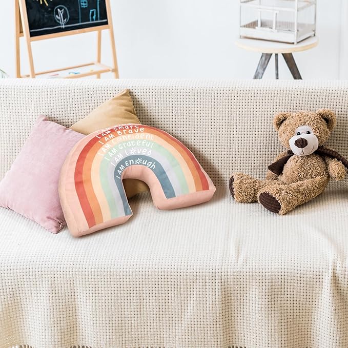 Menkxi Rainbow Throw Pillow Gift Boho Classroom Reading Corner Throw Pillow for Girls Kids Book Center Daily Affirmations Cushion Arch Shaped Motivational Home Bedroom Playroom(Classic)