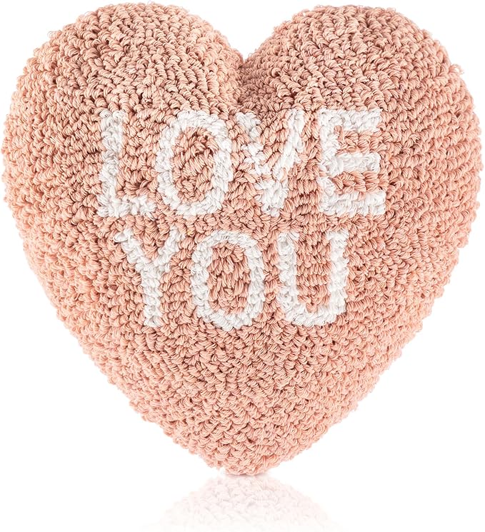 Peryiter Love You Heart Shape Handicraft Hook Pillow 10'' x 10'' Needlepoint Pink Heart Throw Pillow for Couples Anniversary, Wedding, Party Decor, Room Cushion