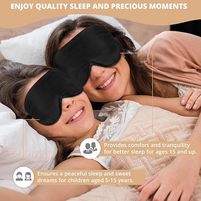 Silk Sleep Mask Eye Cover, 100% Real Natural Eye Mask for Sleeping with Adjustable Strap, 100% Silk Filling Blindfold, sleepmask for Kids/Teens/Adults, Sleeping Masks for Family (2 Black)