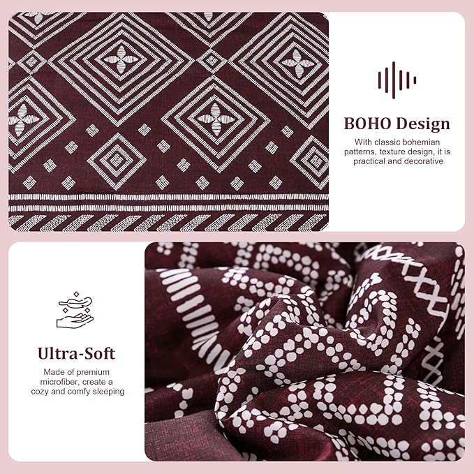 Yiran Burgundy Comforter Set Queen Size, 7 Piece Boho Striped Bedding Set, Geometric Aztec Bed in a Bag Queen, Soft Microfiber Bohemian Complete Bedding Set with Sheets for All Season
