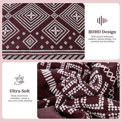 Yiran Burgundy Comforter Set Queen Size, 7 Piece Boho Striped Bedding Set, Geometric Aztec Bed in a Bag Queen, Soft Microfiber Bohemian Complete Bedding Set with Sheets for All Season