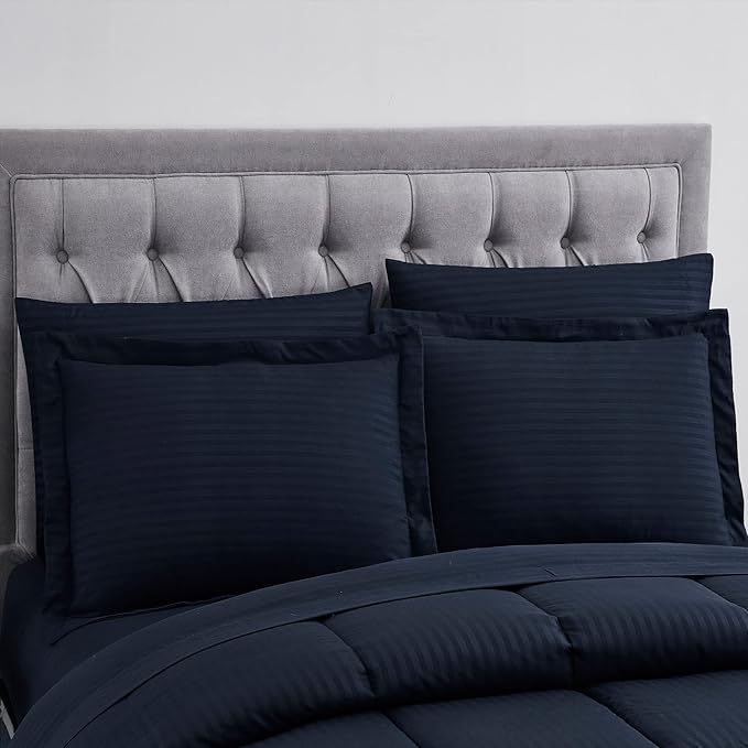 Sweet Home Collection 8 Piece Comforter Set Bag with Dobby Stripe Design, Bed Fitted, 1 Flat Sheet, 2 Pillowcases, 2 Shams, King Navy, (Pack of 3)