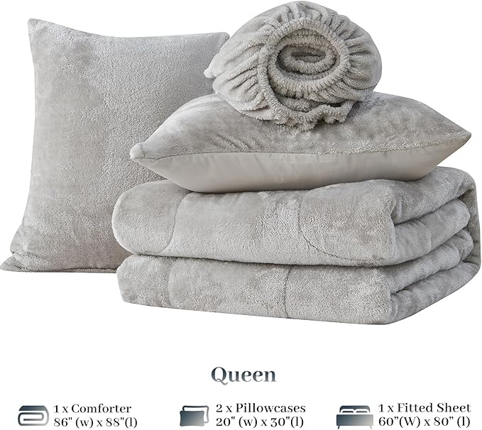 YIYEA Faux Fur Comforter Set Queen Size with Fitted Sheet, Luxury Ultra Soft Fuzzy Comforter, Fluffy Plush Velvet Bedding Comforter Sets for Fall Winter, Cozy Warmth, No Shedding, 4PC, Grey