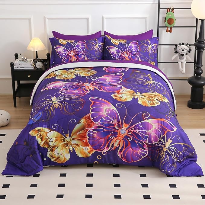 7 Piece Butterflies Comforter Set Full Size 3D Gold Violet Butterflies Bedding Set for Kids Girls Women for Birthday Christmas Gift