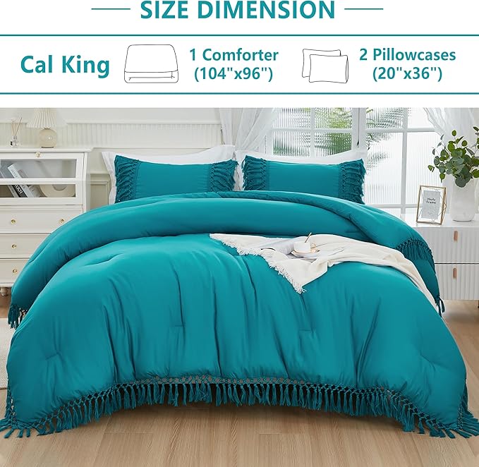 Andency Turquoise Comforter Set California King, 3 Pieces Boho Tassel Lightweight Soft Bedding Comforter Sets for King Bed, All Season Fluffy Fringe Bed Set (104x96In Comforter & 2 Pillowcases)