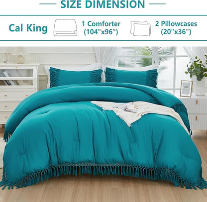 Andency Turquoise Comforter Set California King, 3 Pieces Boho Tassel Lightweight Soft Bedding Comforter Sets for King Bed, All Season Fluffy Fringe Bed Set (104x96In Comforter & 2 Pillowcases)