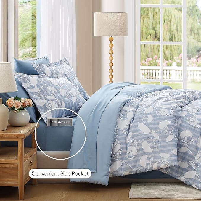 Full Comforter Set -7 Pieces Blue Floral Comforter Set for All Seasons, Bed in a Bag Full with Botanical Flowers Comforter, Sheets, Pillowcases & Shams
