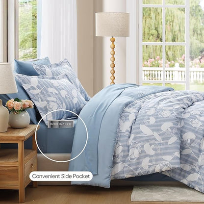 Full Comforter Set -7 Pieces Blue Floral Comforter Set for All Seasons, Bed in a Bag Full with Botanical Flowers Comforter, Sheets, Pillowcases & Shams