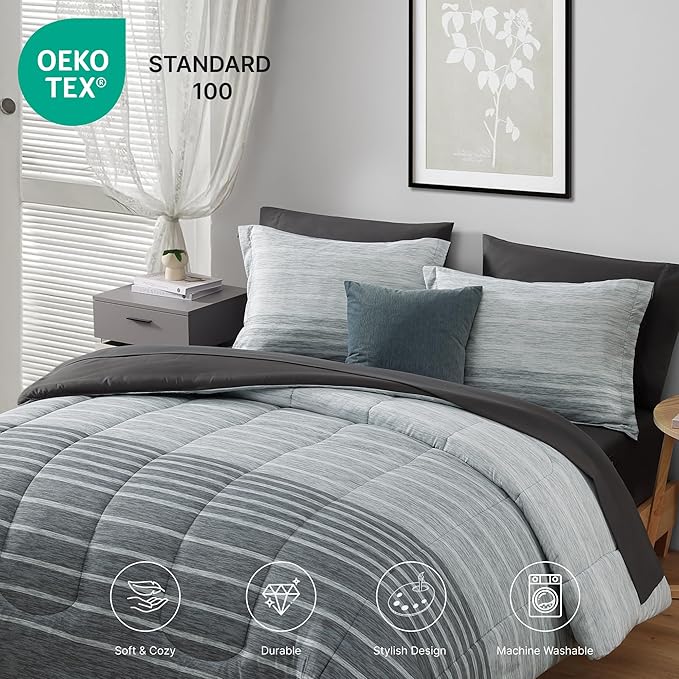 Monbix Queen Comforter Set - 7 Pieces Bed in a Bag Queen, Grey-Stripe Bedding Sets, All Seasons Comforter Bed Set with Sheets, Pillowcases & Shams