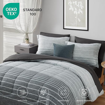 Monbix Queen Comforter Set - 7 Pieces Bed in a Bag Queen, Grey-Stripe Bedding Sets, All Seasons Comforter Bed Set with Sheets, Pillowcases & Shams