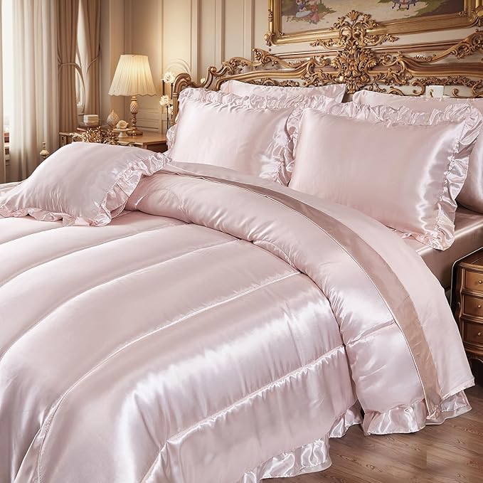Luxury Silky Comforter Set with Sheet Set Queen 8 Pieces Light Pink Bedding Set Silk Like Satin Ruffle Pattern Home Deocr Sexy Hotel Silky Bed Set with 1 Cushion Cover