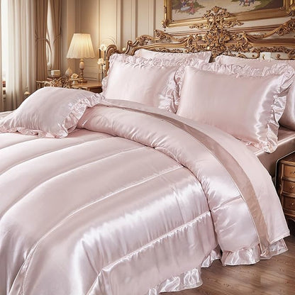 Luxury Silky Comforter Set with Sheet Set Queen 8 Pieces Light Pink Bedding Set Silk Like Satin Ruffle Pattern Home Deocr Sexy Hotel Silky Bed Set with 1 Cushion Cover