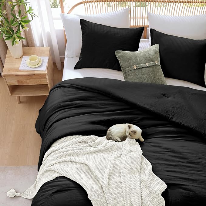 WRENSONGE Queen Comforter Set - 3 Pieces Prewashed Black Comforter Soft Lightweight for All Seasons,Fluffy Down Alternative Comforter Queen Size with 2 Pillow Shams