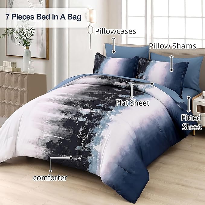 Dinjoy Ombre Blue Comforter Set King Size Gradient Navy Blue Black Boho Bedding Set for Teen Men Women 7 Pieces Bed in A Bag Bohemian Bed Set with Comforter, Sheets, Pillowcases & Shams