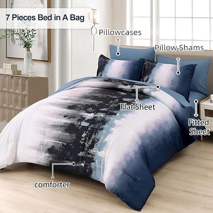 Dinjoy Ombre Blue Comforter Set Full Size Gradient Navy Blue Black Boho Bedding Set for Teen Men Women 7 Pieces Bed in A Bag Bohemian Bed Set with Comforter, Sheets, Pillowcases & Shams