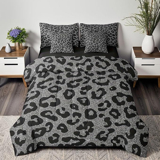 Leopard Print 7 Pieces Queen Size Comforter Set,Wild Animal Skin Bedding Set for Kids Teens Adults,Fashion Ombre Glitter Print(Comforter+Fitted+Flat Sheet+2 Pillowcases+2 Throw Pillow Covers)