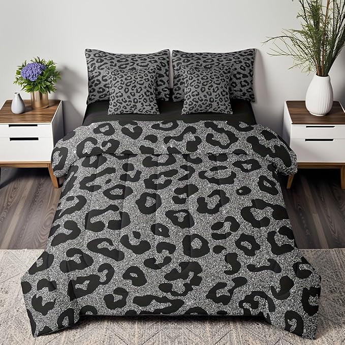 Castle Fairy Leopard Print Twin Size Comforter Set in a Bag 7 Pieces,Wild Animal Skin Bedding Set for Kids,Fashion Ombre Glitter Print(Comforter+Fitted+Flat Sheet+2 Pillowcases+2 Throw Pillow Covers)