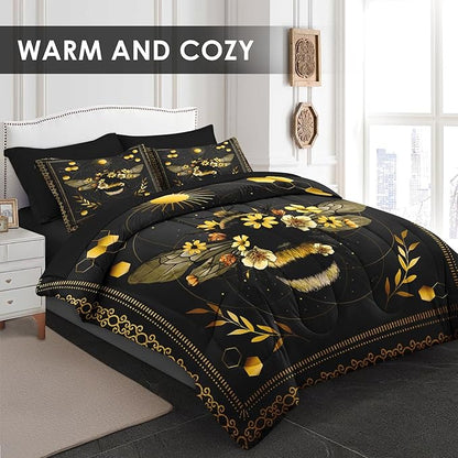 Comforter Set Queen Size, Bee Yellow Sweet 7 Pcs Bedding for Kids and Adults, Vintage Sunflower Black Bed Sheet Sets with Fitted Sheet 2 Pillowcases & 2 Shams for Bedroom Bed Decor