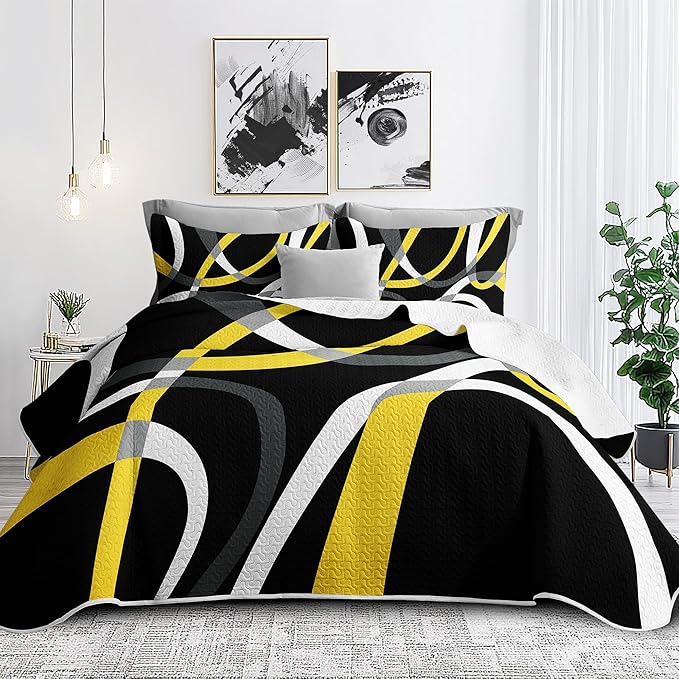 weesire Black and Yellow Bedding Quilt Queen Size with 2 Shams, Modern Stripe Comforter Sets Classic Line Pattern Bedspreads Grey and Yellow Coverlet, 90''x96''