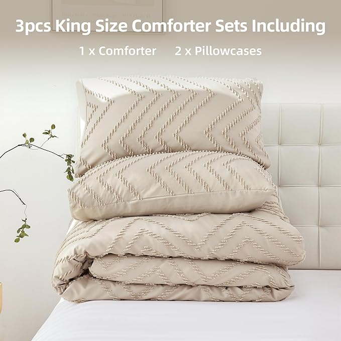 Yirddeo Taupe Comforter King Size 3Pcs, Boho Comforter Set King Taupe Farmhouse Bedding Sets Queen, Vertical Tufted Comforter, Lightweight Neutral Boho Bed Set (1 Comforter, 2 Pillowcases)