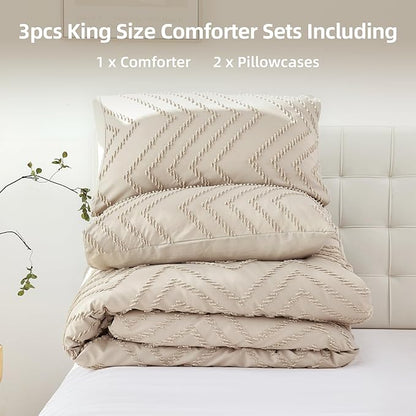 Yirddeo Taupe Comforter King Size 3Pcs, Boho Comforter Set King Taupe Farmhouse Bedding Sets Queen, Vertical Tufted Comforter, Lightweight Neutral Boho Bed Set (1 Comforter, 2 Pillowcases)