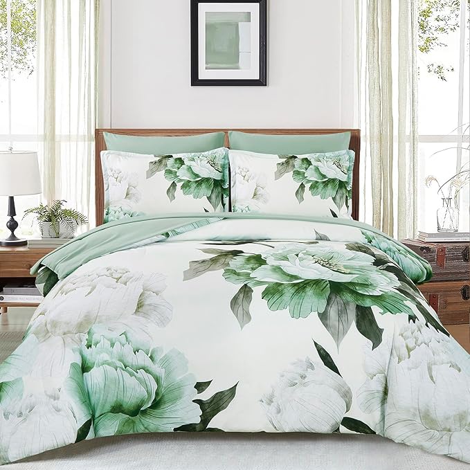 Dobuyly Green Queen Comforter Set 7 Piece Bed in a Bag Queen, Sage Green Floral Printed Comforter Set with Sheets, Soft Microfiber Botanical Flower Complete Bedding Set for All Season