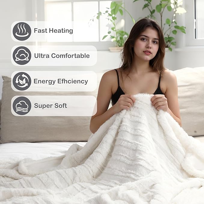 Electric Heated Blanket Throw Size 50"x60", Fast Heating Throw, Plush Faux Fur for Sofa & Office,4 Heating Levels & 10 Hours Auto Off, Machine Washable, Gifts for Family-Striped White