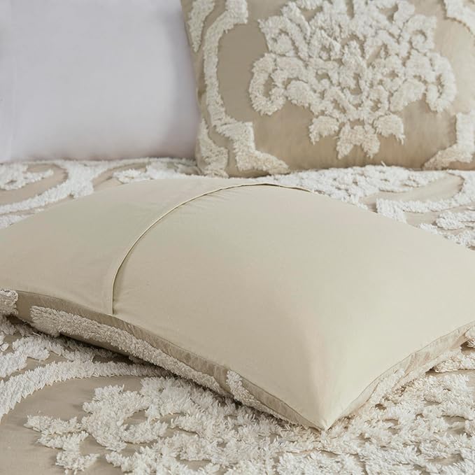 Madison Park Tufted Chenille Cotton Comforter All Season Bedding Set, Matching Shams, Full/Queen(90"x90"), Viola, Damask Taupe 3 Piece (MP10-7102)