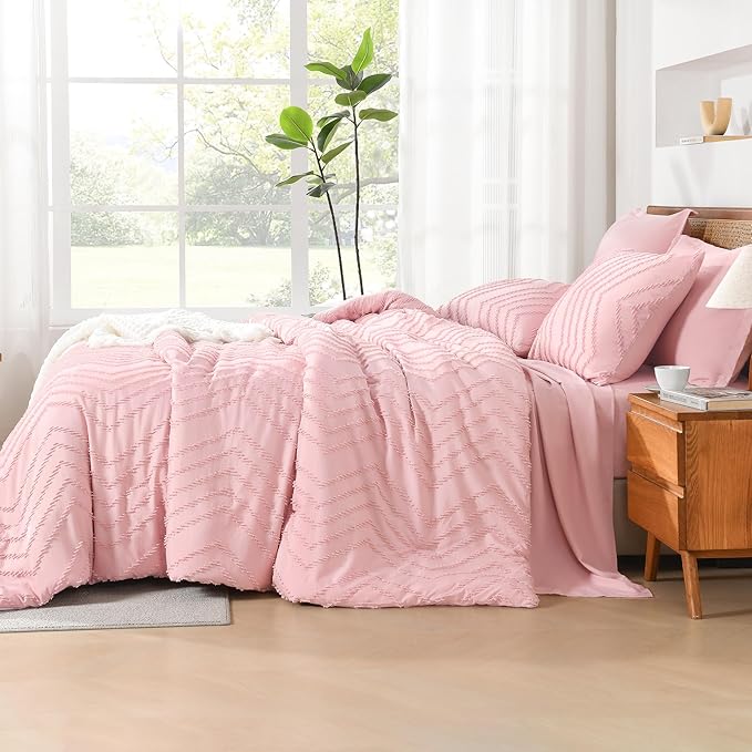 Litanika Pink King Size Comforter Set with Sheets - 7 Pieces Bed in a Bag King Boho Tufted Complete Bedding Sets with Comforter, Sheets, Pillowcases & Shams